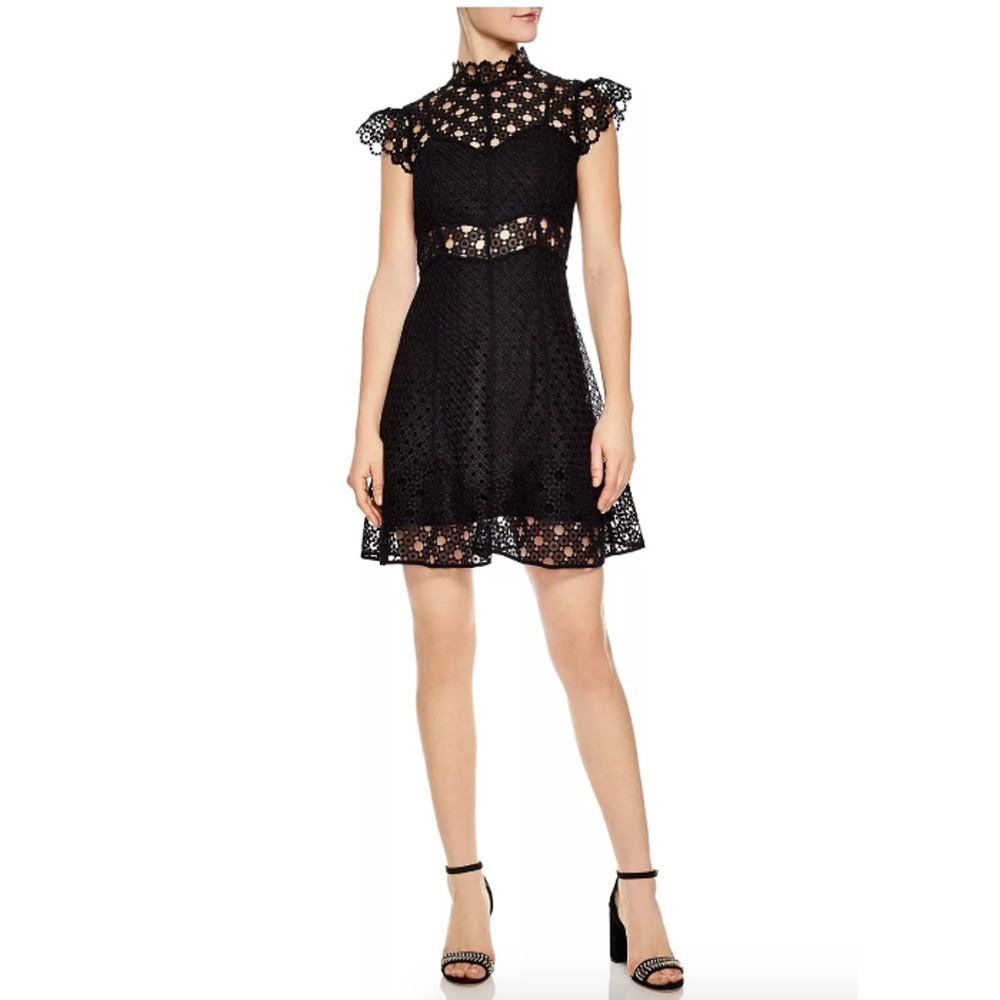 SANDRO Dress Black Guipure Lace Cap Sleeve Fit Flare Party Cocktail Small - Picture 8 of 9